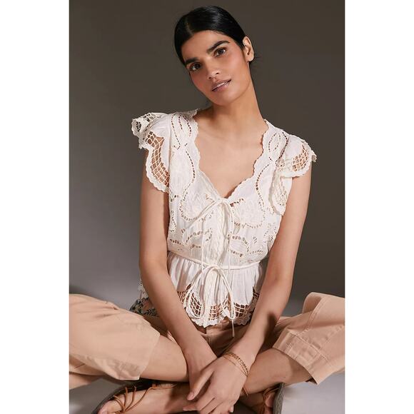 Anthropologie Tops - Anthropologie Top Womens Medium? Lace V-Neck Blouse Boxy Cream Peplum